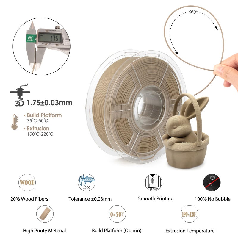 iSANMATE خيوط خشبية iSANMATE 1.75 مم، PLA+ خيوط طابعة ثلاثية الأبعاد خشب فاتح، تناسب معظم طابعات FDM ثلاثية الأبعاد 1 كجم/بكرة (تحديث 20% ألياف خشبية حقيقية) - Image 3